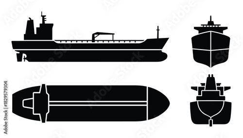 Set of four black and white vector icons depicting a cargo ship from different angles isolated on white