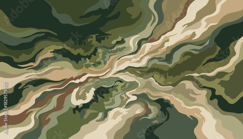Abstract camouflage background with fluid organic shapes and natural earthy tones creating a dynamic flowing pattern