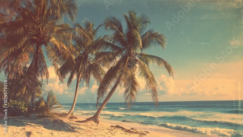 Fototapeta Naklejka Na Ścianę i Meble -  Tropical sandy ocean beach with tall palm trees under warm vintage toned sunlight and gentle film style flare creating serene coastal paradise atmosphere