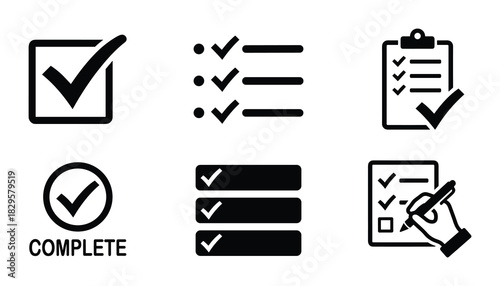 Check mark icons black and white vector set for completed tasks and successful actions