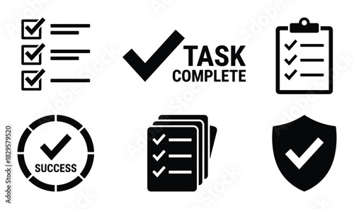 Success and complete task icon set black and white vector for achievement and security