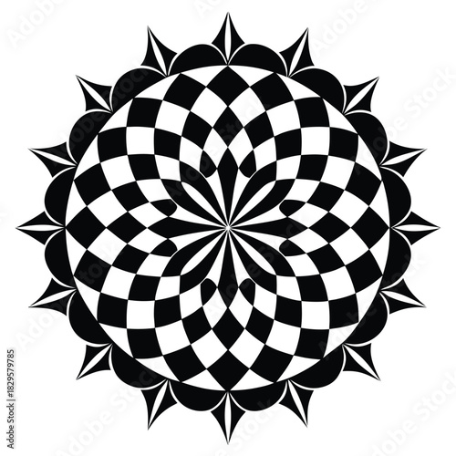 Abstract checkerboard pattern curves to center with spiked edge radiating outward showcases artistry