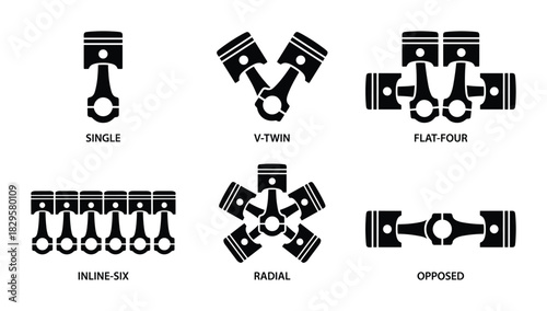 Set of various engine piston configurations including single, v-twin, flat-four, inline-six, radial and opposed designs