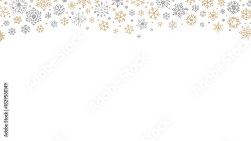 A scattering of silver and gold snowflakes across the top of a white background creating a wintery border