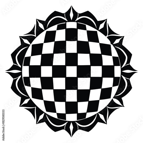 Black and white circular pattern features checkboard design surrounded by petal elements creates abstract look