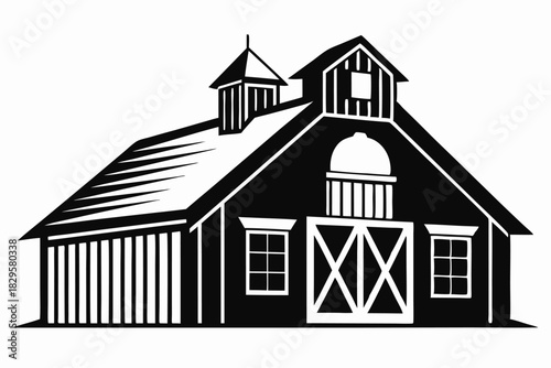 The striking monochrome barn features symmetrical windows and doors, evoking rustic architecture perfectly