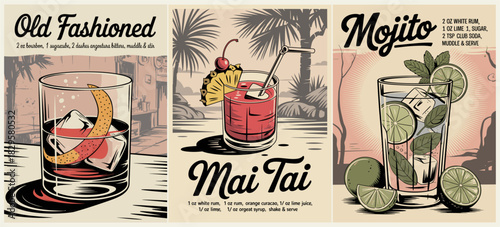 A vintage-style cocktail poster set featuring Old Fashioned, Mai Tai, and Mojito. Hand-drawn retro illustrations with bold outlines, classic bar menu aesthetic, and detailed recipe ingredients.