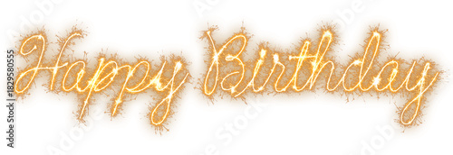Happy Birthday text in dazzling gold sparkler script with a prominent first letter in each word isolated on a transparent background