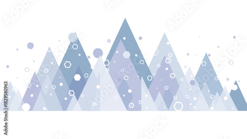 Modern Geometric Winter Mountain Scene with Falling Hexagonal Snow