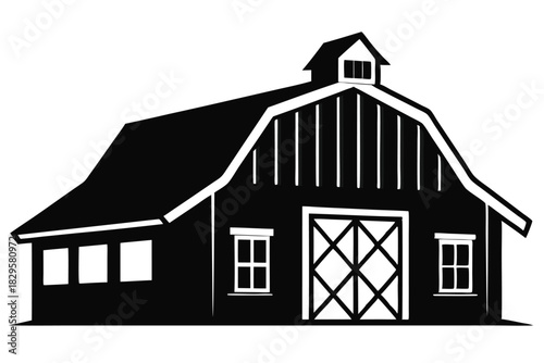 Simple monochrome drawing showcases the classic architecture of an American style barn