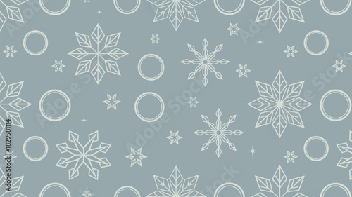 A repeating pattern of white snowflakes stars and circles on a light gray background for winter theme use