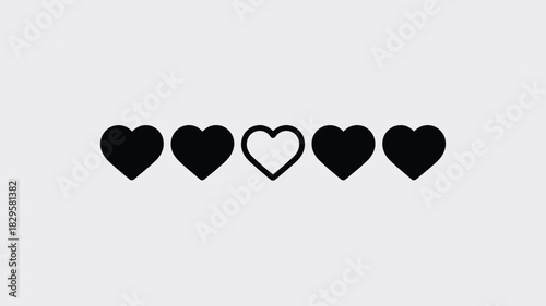 A row of five hearts with four hearts filled in black and one heart with a black outline in the center