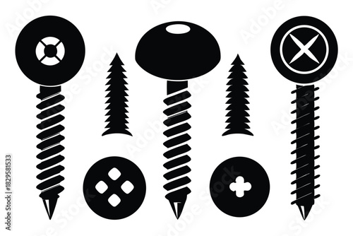 Black silhouettes reveal various screw heads and thread forms on a stark white background