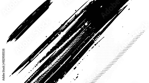 Dynamic black and white grunge graphic with brushstroke text and halftone dots, creating an edgy, comic book style design.