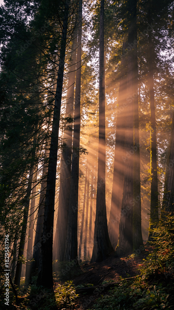 Obraz premium Golden sunlight filters through towering trees in a lush forest, creating a serene and magical atmosphere. Ideal for nature, spirituality, or background themes.