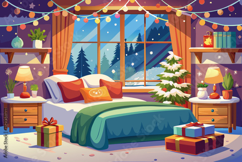Warm and cozy bedroom decorated with white bedspread and white cushions. With festive gifts, soft light and a snowy winter landscape visible from the window.