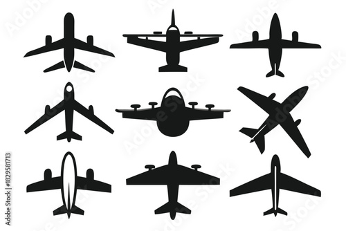 Diverse airplane silhouettes are arranged symmetrically in rows, depicting various aviation designs in a format