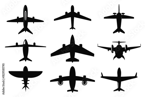 Nine different aviation aircraft silhouettes soar above on the seamless white background