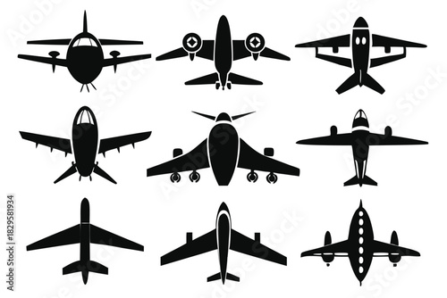 Various black airplane silhouettes show aviation diversity against a clean white backdrop, revealing the shapes well