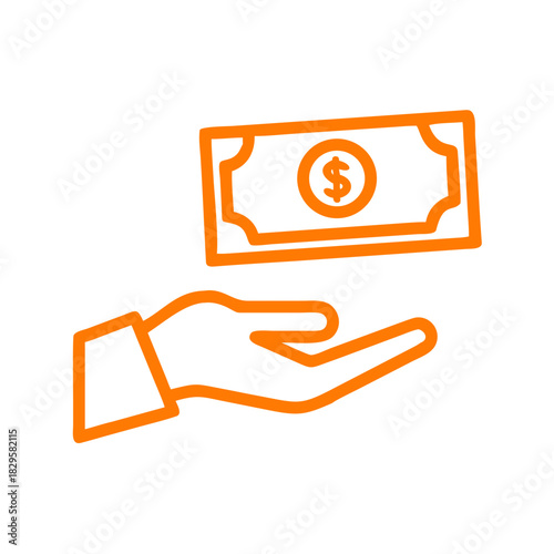 Cash Flow Transaction, and Financial Exchange, orange Line Art Hand Giving Money