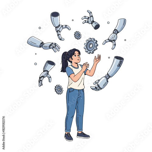 Girl Interacting with Robotic Arms and Gears, Symbolizing Innovation and Future Technology