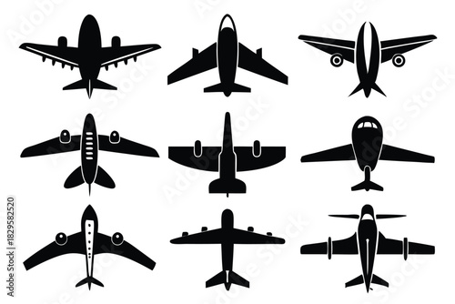 Nine distinct airplane icons showcase diverse aircraft designs in simple black silhouettes, isolated against a white background
