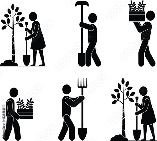 Planting Tree Stick Figures Vector Icon Set, Gardening and Farming Activity Pictograms, Reforestation, Shovel, Pitchfork, Environmental Protection Graphic