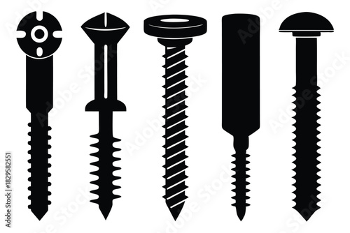Five distinct screw silhouettes illustrate different head types and thread styles against white