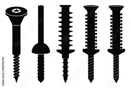 Variety of black screws and fixings showcase different shapes and threading patterns on white