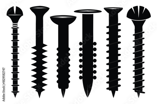 Black screw set presents varied head styles and unique thread designs on a white background