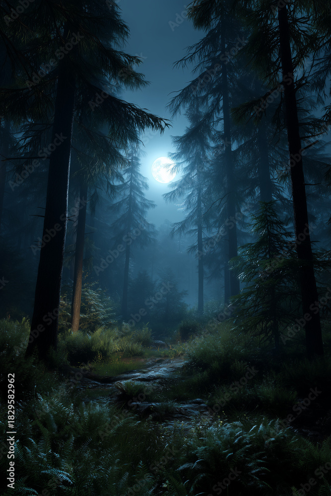 Obraz premium Misty forest landscape with fog, dark atmospheric nature background