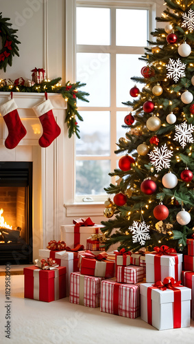 Christmas tree with gifts, fireplace, and stockings in festive home