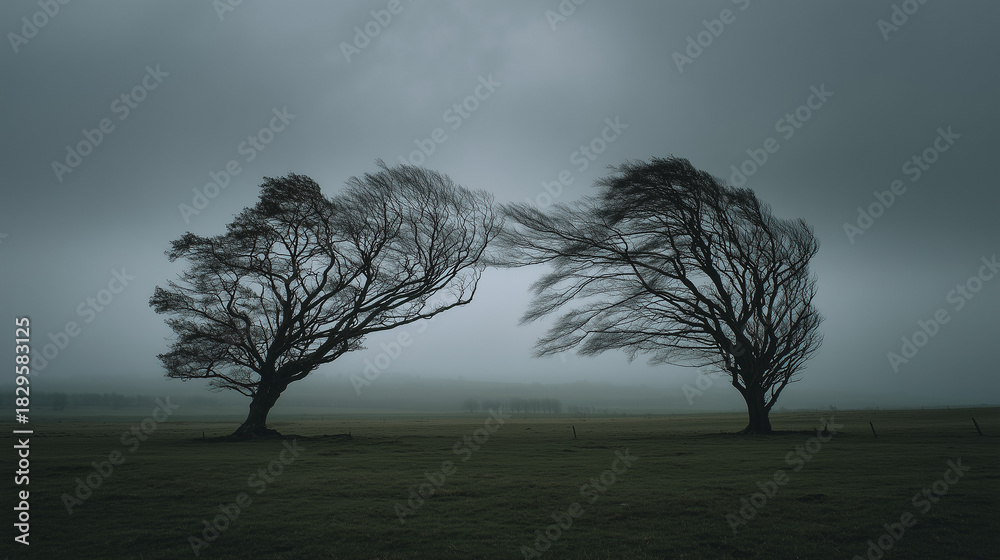 Obraz premium Misty forest landscape with fog, dark atmospheric nature background