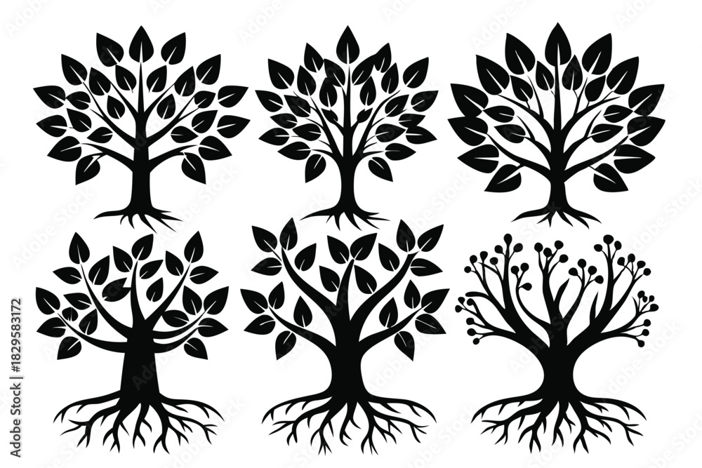 Obraz premium Different stylized tree icons feature various foliage patterns, root structures and branch formations
