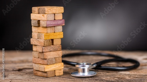 Jenga tower stethoscope on wooden table reflect stress in healthcare