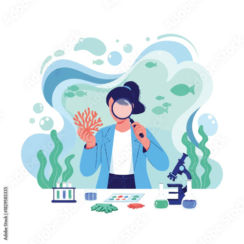 Marine biologist examining coral and aquatic life with a magnifying glass