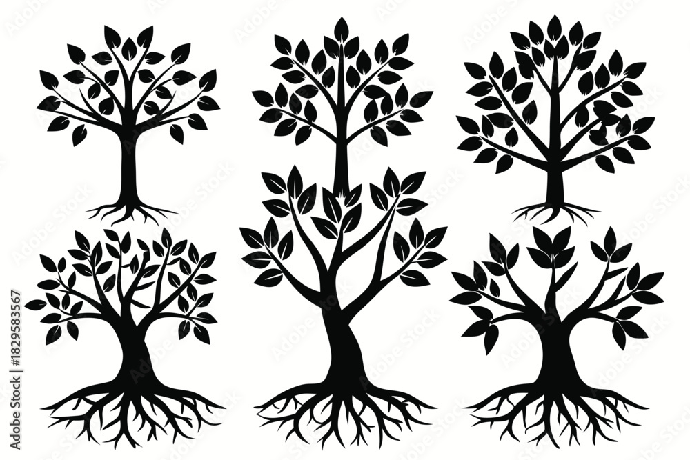 Fototapeta premium Six abstract tree silhouettes are evenly arranged against a bright background, appearing clean and straightforward