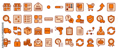 E-commerce and delivery solid icon set. containing shop, cart, package, barcode, shield, invoice, lock, and more. Vector collection
