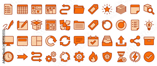 Office and productivity solid icon set. includes folder, tag, document, box, computer, sync, calendar, shield, lightbulb, gear. Vector collection
