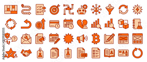 Business and technology solid icon set. includes chart, path, target, robot, gear, funnel, shield, calendar, and more. Vector collection