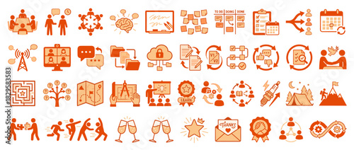 Teamwork and collaboration solid icon set. includes meeting, brainstorming, planning, deadline, communication, target, growth, success. Vector collection
