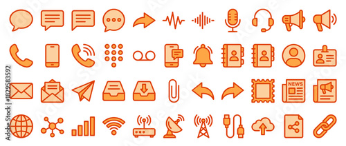 Communication and technology solid icon set. containing chat, phone, message, email, network, download, signal, and more. Vector collection