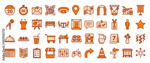 Event planning and management solid icon set. including calendar, clock, qr code, location, entrance, mic, jug, and more. Vector collection