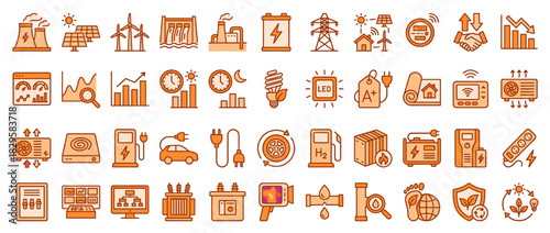 Energy and sustainability solid icon set. containing solar, wind, hydroelectric, battery, power, led, recycling, efficiency, eco-friendly and more. Vector collection