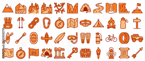 Adventure and camping solid icon set. featuring hiking, map, compass, backpack, tent, fire, mountains, kayak, waterfall Vector collection
