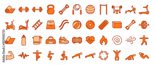 Fitness and exercise solid icon set. containing weights, kettlebell, rope, bicycle, treadmill, push-up, yoga, and more. Vector collection