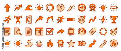Business and productivity solid icon set. containing growth, fitness, goal, energy, award, document, progress, sync and more. Vector collection