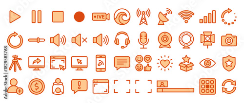 Multimedia and communication solid icon set. contains play, pause, volume, microphone, camera, wifi, chat, user, shield, eye. Vector collection
