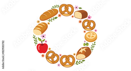 Circular frame of freshly baked breads and pretzels with a bright red apple and delicate flowers creating a charming bakery theme.