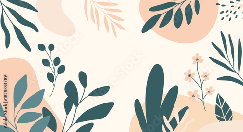 Abstract botanical background with hand-drawn tropical leaves and pastel organic shapes creating a soft and natural artistic design.